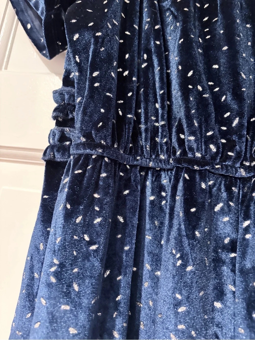 Girls Navy Blue Velour Sparkle Smock Waist Jumpsuit Large